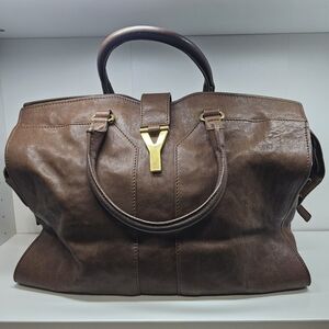 Yves Saint Laurent Brown Leather Top-Handle Satchel with Gold Y Hardware